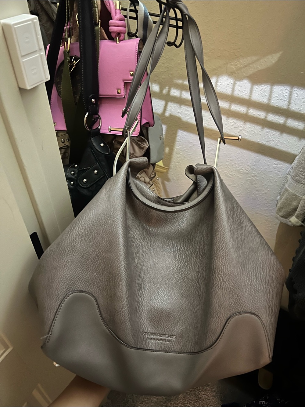 Gray leather tote bag